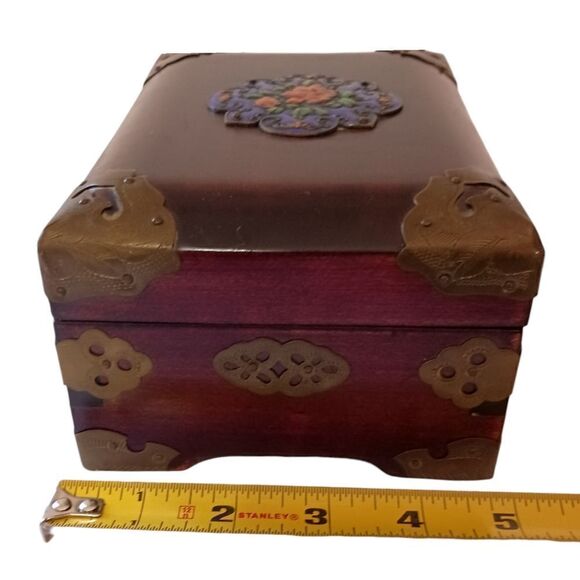 Vintage Cloisonne Wooden Jewelry Box Asian Brass Floral Rosewood Silk Lined - Picture 2 of 16